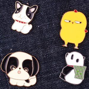 Enamel Pin 4pc Set Chick Kitty Cat Puppy Dog Brooch Funny Bag Charm Backpack